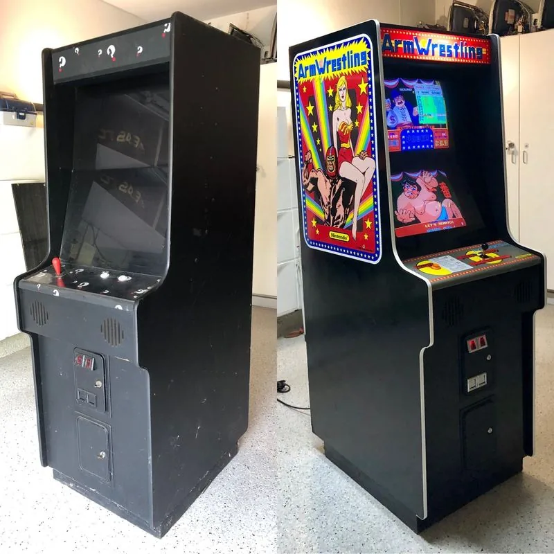Before and after restoration of the Nintendo Arm Wrestling cabinet, from bare black cab to finished artwork