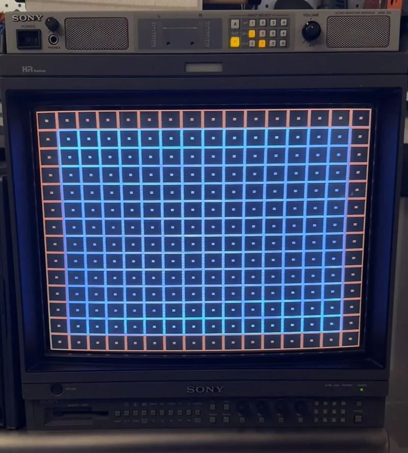 Sony BVM-20E1U broadcast monitor displaying a crosshatch calibration pattern with an AMS-100 speaker on top
