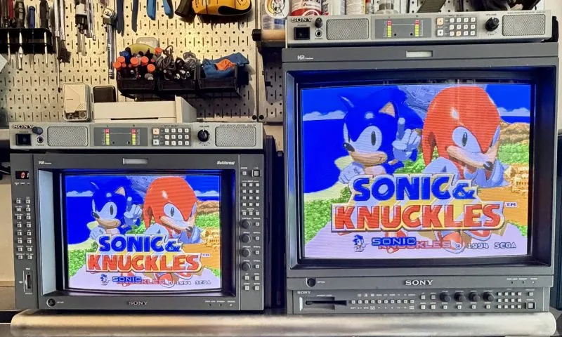 Sonic and Knuckles running on two Sony BVM broadcast monitors, an AMS-100 audio monitor riding on top of each