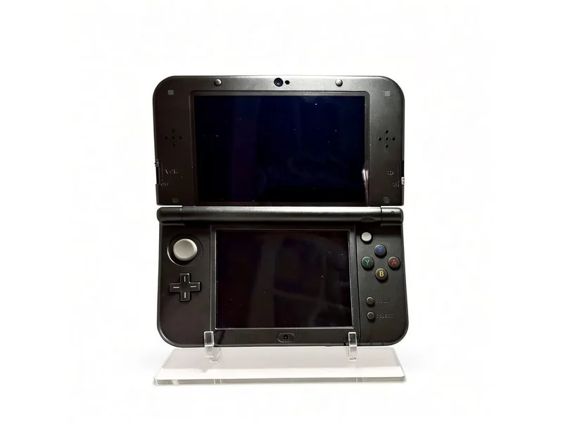Black New Nintendo 3DS XL open on a clear display stand, both screens facing forward