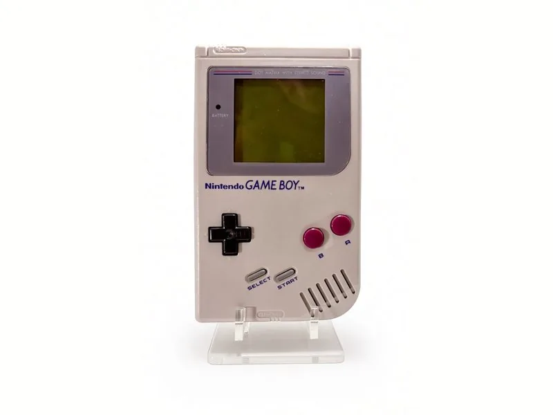Original Nintendo Game Boy DMG-01 in launch gray on a clear display stand