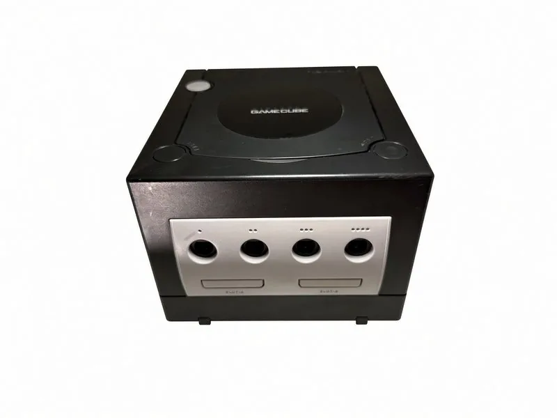 Black Nintendo GameCube seen from the front, four controller ports and the memory card slots below
