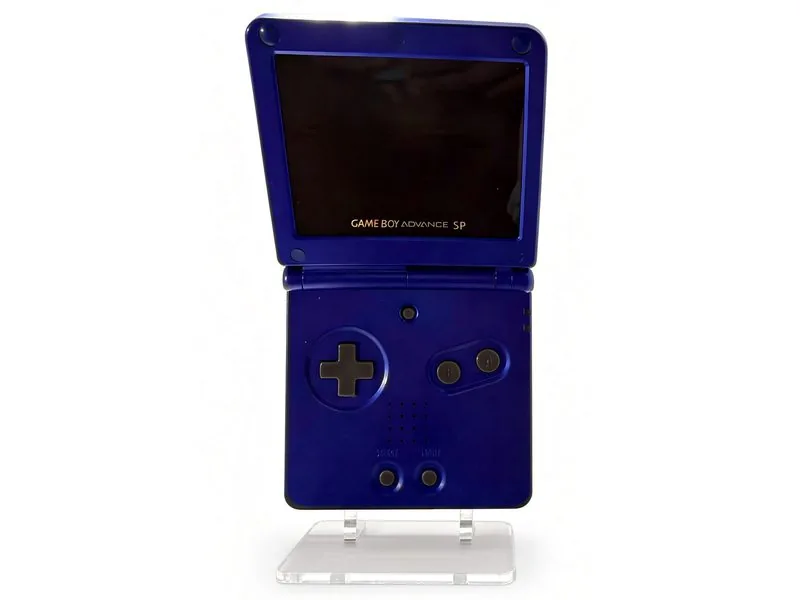 Cobalt blue Game Boy Advance SP open on a clear display stand
