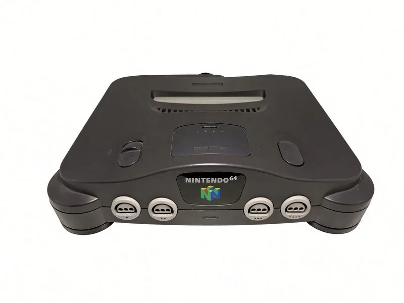 Nintendo 64 seen from the front, all four controller ports and the cartridge slot on top
