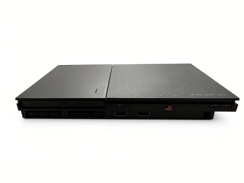 Sony PlayStation 2 Slim seen along its front edge, showing how thin the redesign is