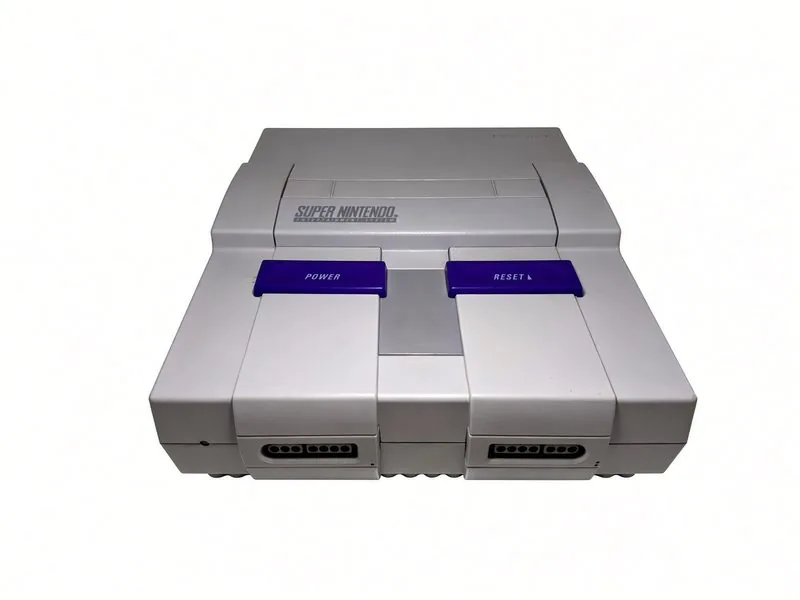 Super Nintendo Entertainment System seen from the front, purple power and reset switches and both controller ports