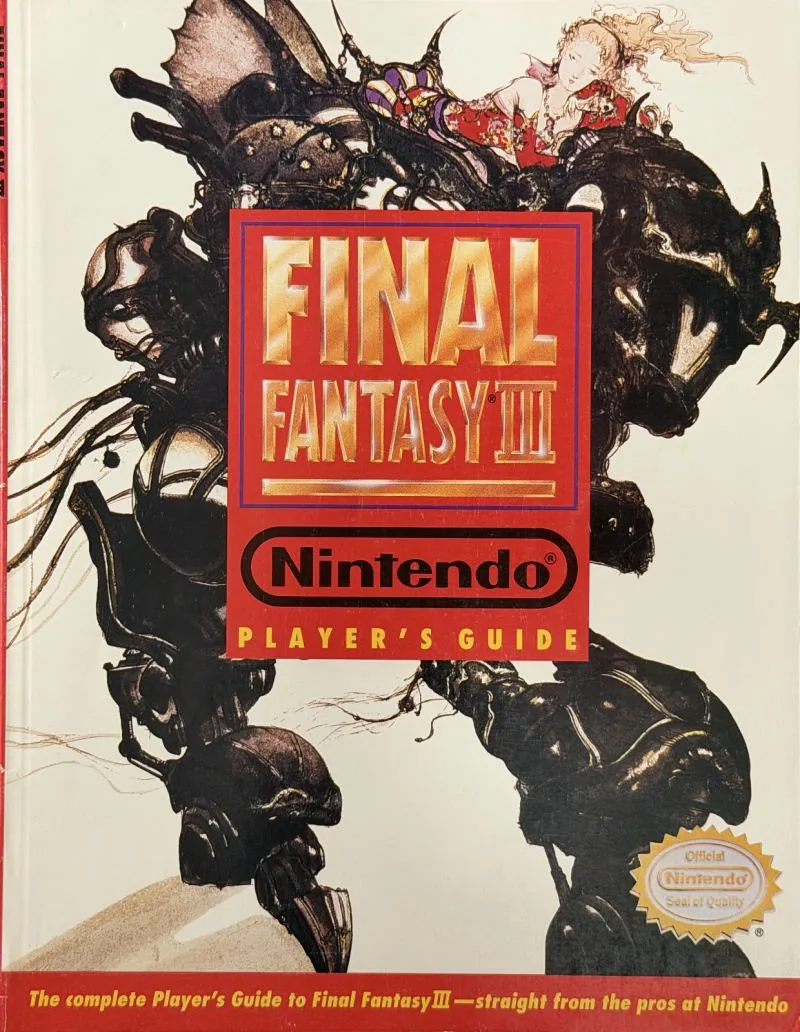 Cover of the Nintendo Player's Guide for Final Fantasy III, an ink-wash armored giant in black