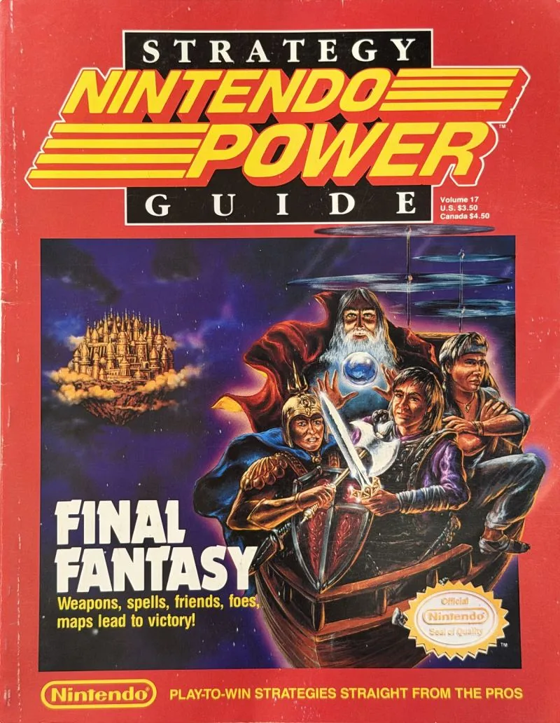 Cover of Nintendo Power Strategy Guide Volume 17 for Final Fantasy, four adventurers in a boat under a floating castle