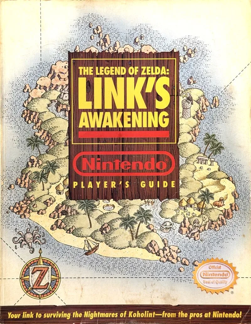 Cover of the Nintendo Player's Guide for The Legend of Zelda: Link's Awakening, Koholint Island drawn in stipple with a compass rose