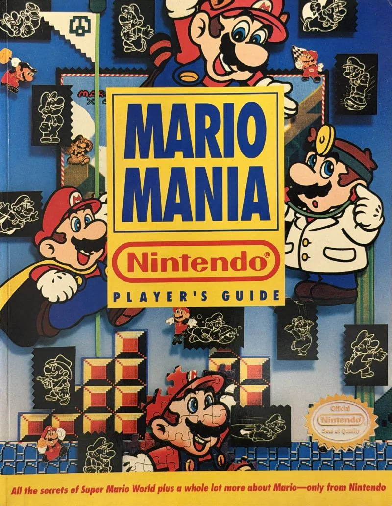 Cover of the Nintendo Player's Guide Mario Mania, Mario drawn several times over a Super Mario World scene