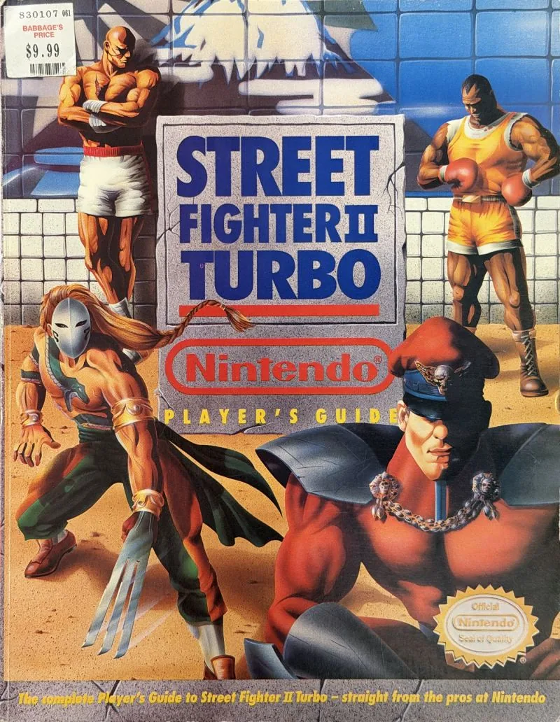Cover of the Nintendo Player's Guide for Street Fighter II Turbo, Capcom fighters against a tiled wall