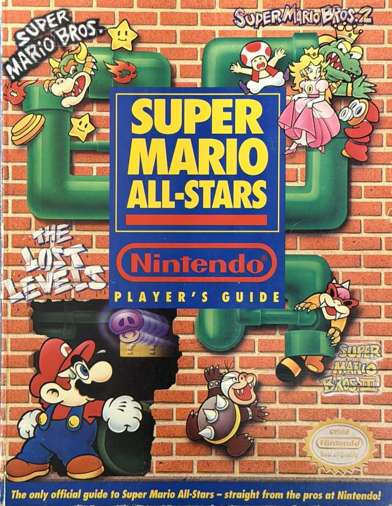 Cover of the Nintendo Player's Guide for Super Mario All-Stars, green pipes and characters on a brick wall
