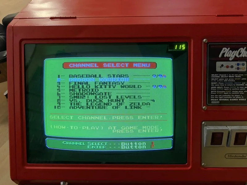 The Red Tent channel select menu listing ten NES games including Baseball Stars, Dragon Warrior, Final Fantasy, Metroid and VS. Duck Hunt