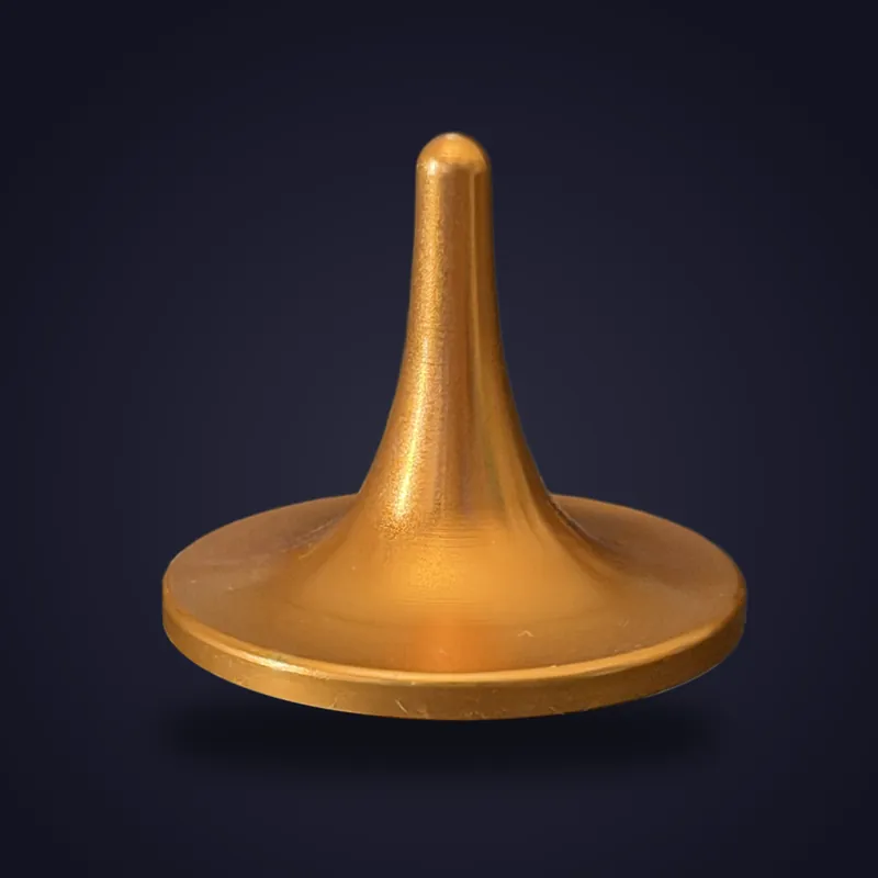Foreverspin Orange spinning top, mystery top, photographed off its base