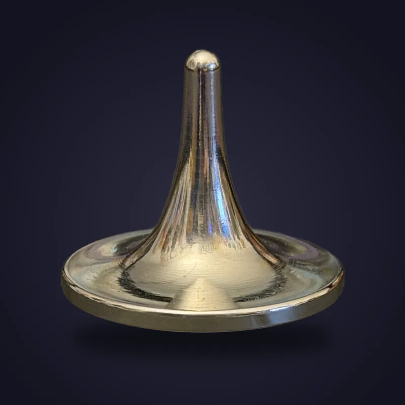 Foreverspin S.S. Mirror spinning top, photographed off its base