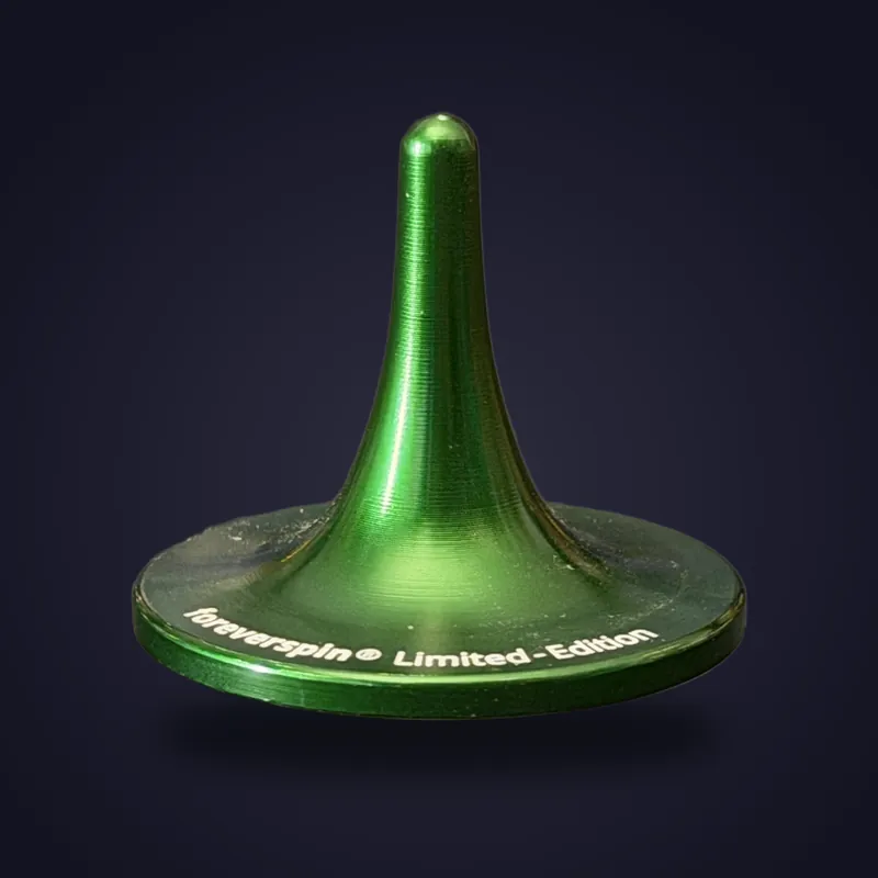 Foreverspin St. Patrick's Day Green spinning top, limited edition, photographed off its base