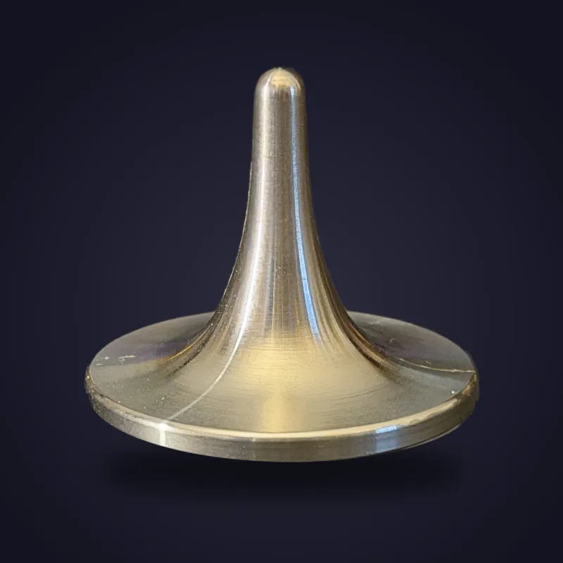 Foreverspin Stainless Steel spinning top, photographed off its base
