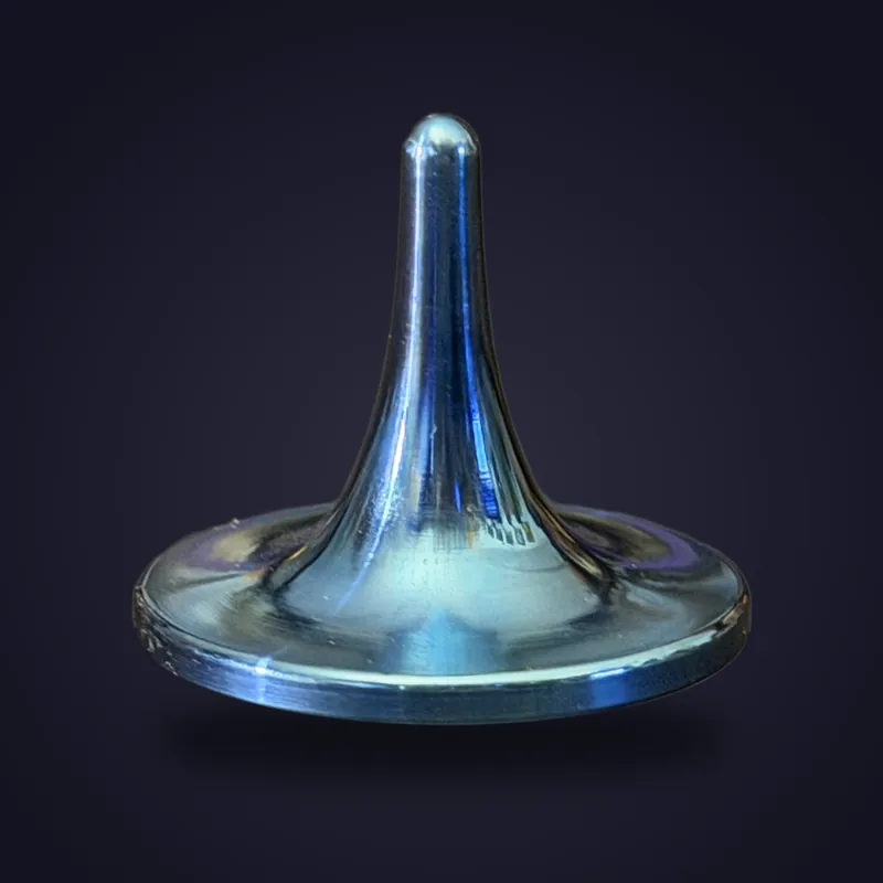 Foreverspin Titanium Blue spinning top, photographed off its base