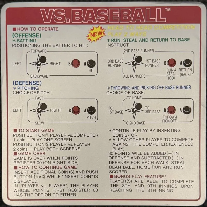 Nintendo VS. Baseball instruction card, red and white, with batting and pitching control diagrams