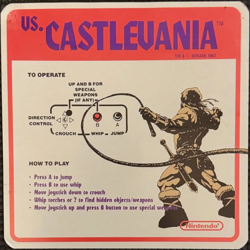 Nintendo VS. Castlevania instruction card with a sepia illustration of Simon Belmont cracking his whip