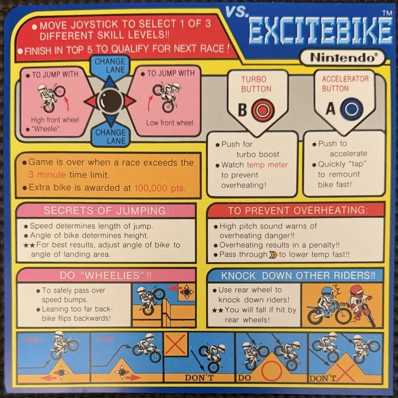 Nintendo VS. Excitebike instruction card, yellow and blue, with twelve panels of riding instructions