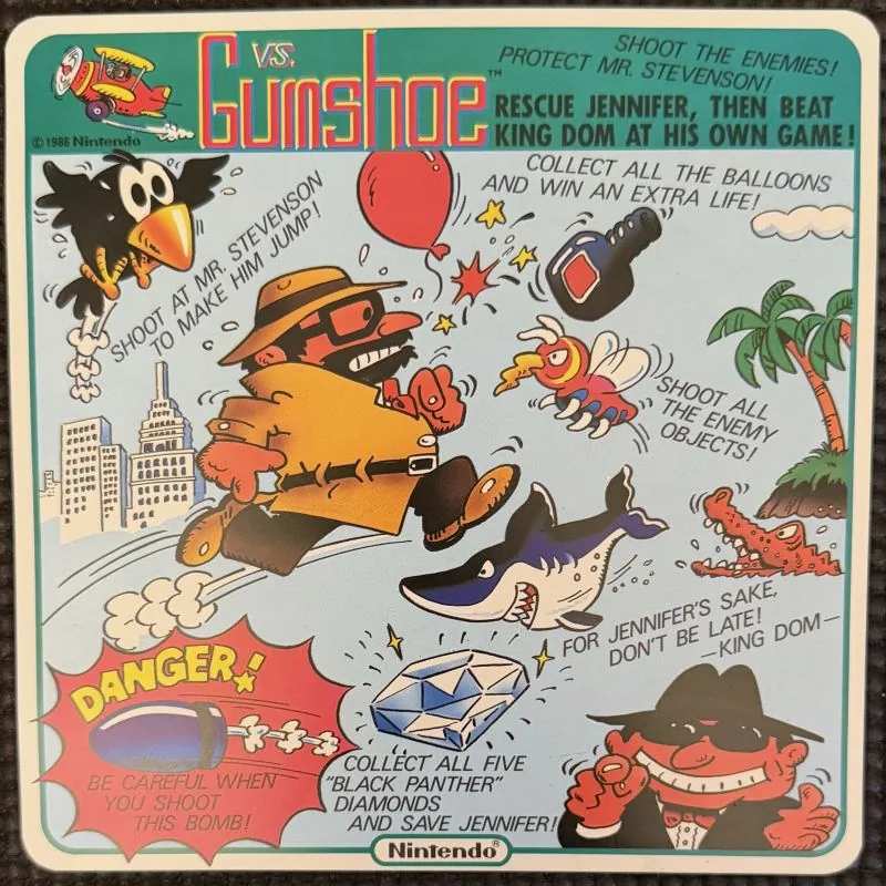 Nintendo VS. Gumshoe instruction card, a full cartoon of Mr. Stevenson chasing balloons