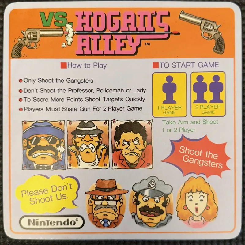 Nintendo VS. Hogan's Alley instruction card, orange, with gangster and civilian target faces