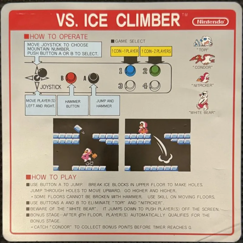 Nintendo VS. Ice Climber instruction card with two printed screenshots and the enemy list