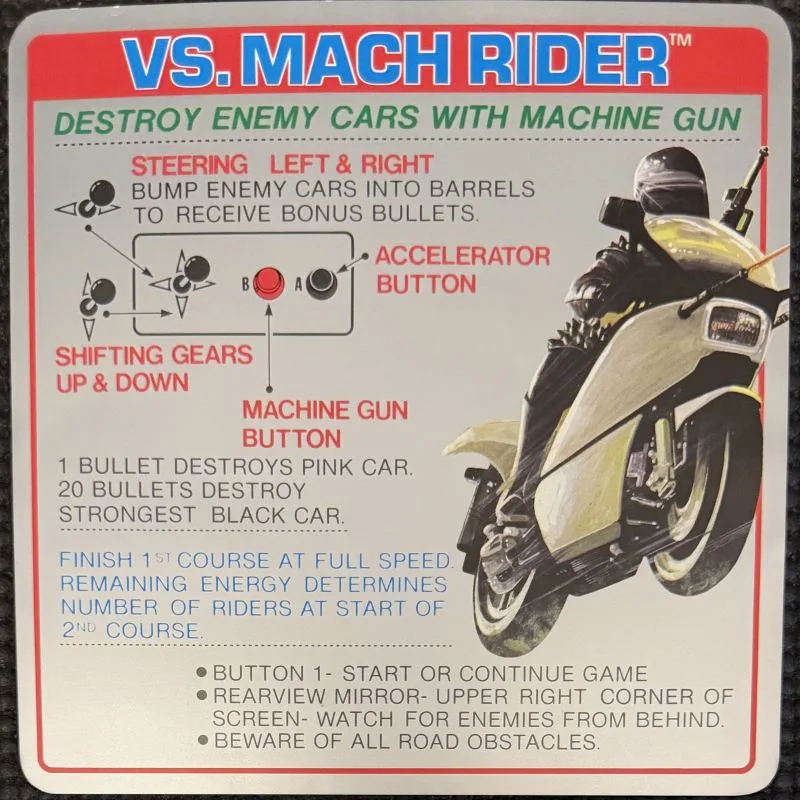 Nintendo VS. Mach Rider instruction card with a motorcycle rider illustration and control diagram