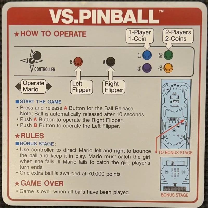 Nintendo VS. Pinball instruction card with a miniature playfield diagram in the corner