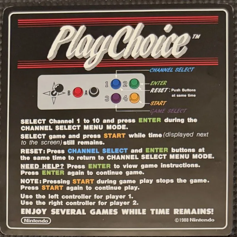 Nintendo PlayChoice instruction card, black, explaining the channel select menu and ten game selection