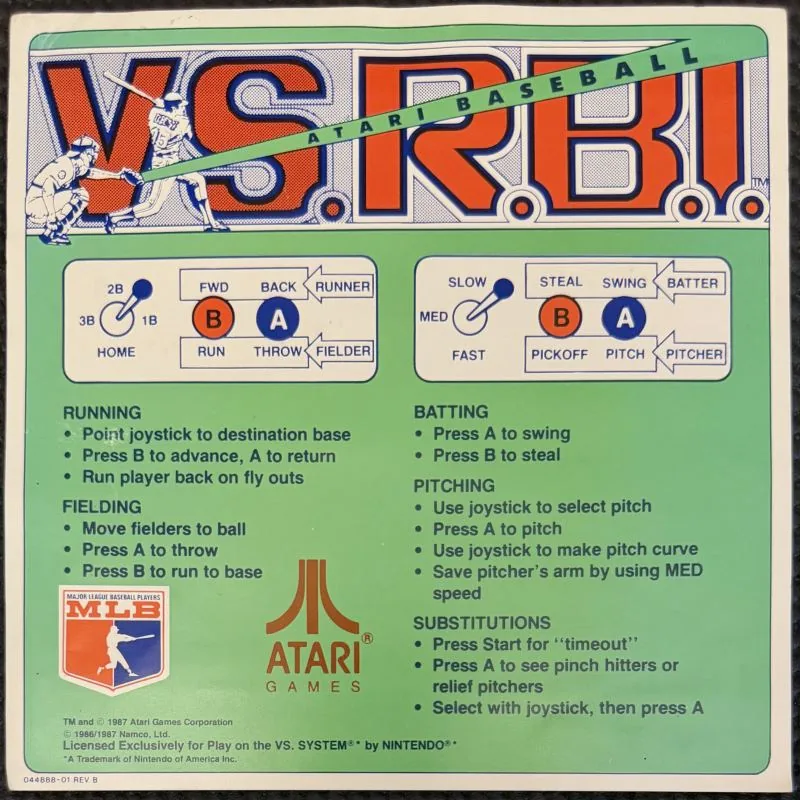 Nintendo VS. R.B.I. Baseball instruction card, green, with Atari Games and MLB Players Association marks
