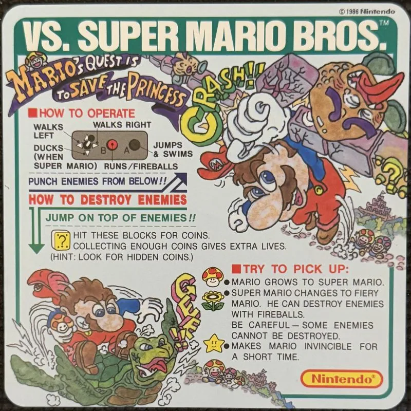 Nintendo VS. Super Mario Bros. instruction card with hand-drawn Mario artwork and control diagrams
